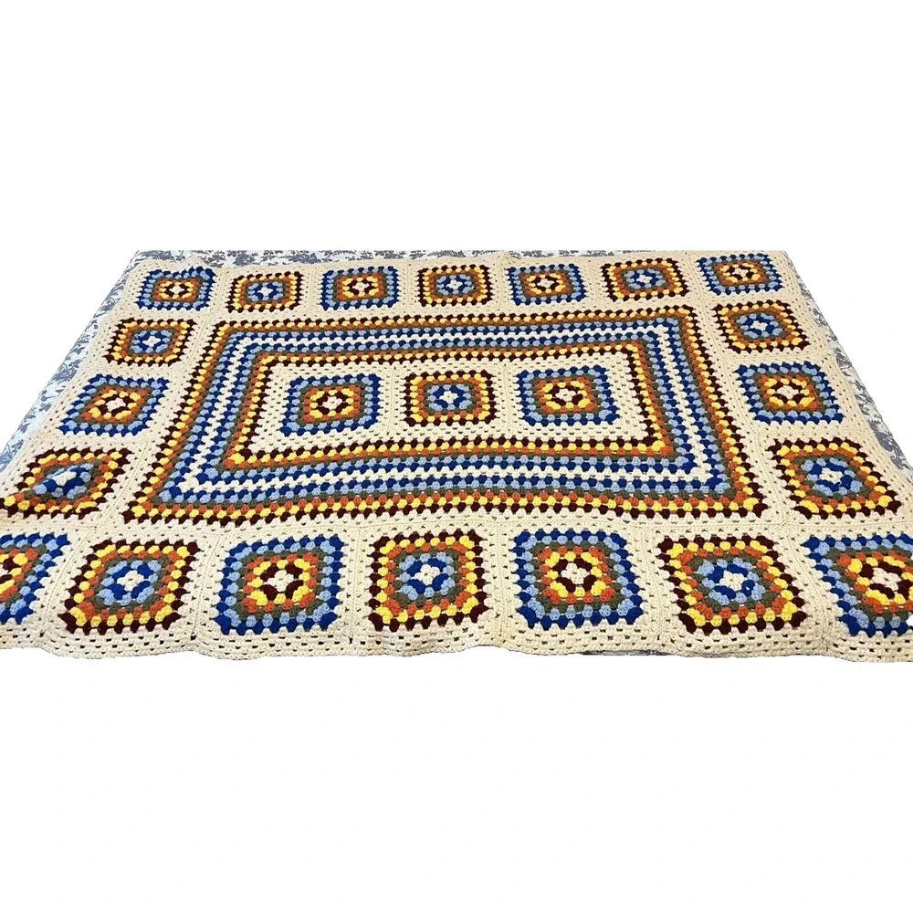 Grandma Decor Square Handmade‎ Crochet Quilt Afghan Throw Colorful Cream Border
